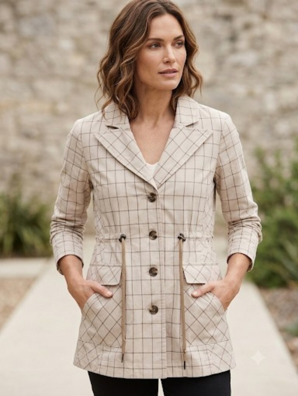 Cabi Women's Windowpane Drawstring Blazer Jacket Tan Brown Size M Long Sleeve